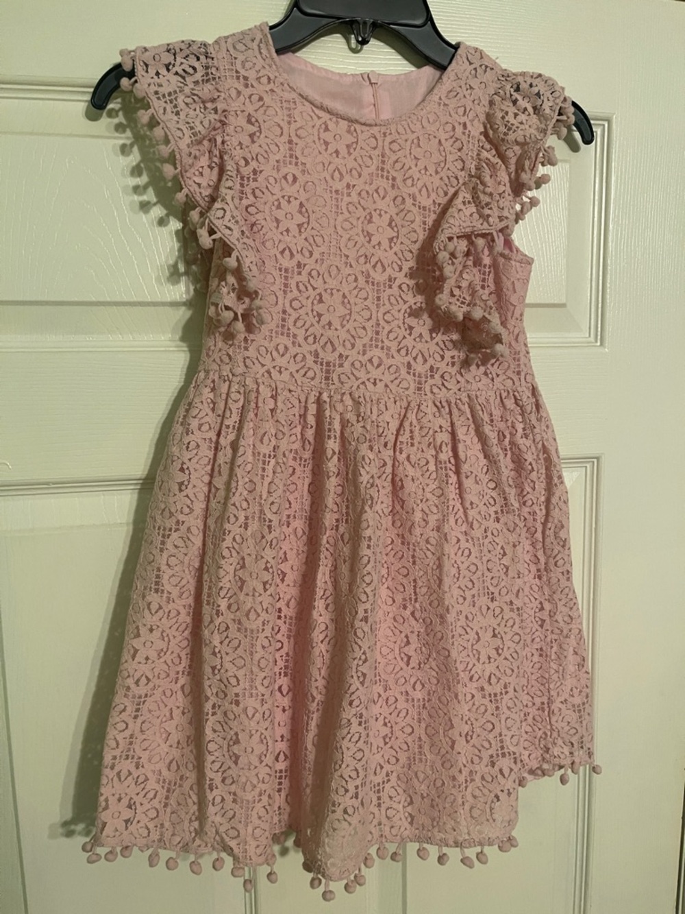 Girls Pink Lace Party Dress with Pom Trim